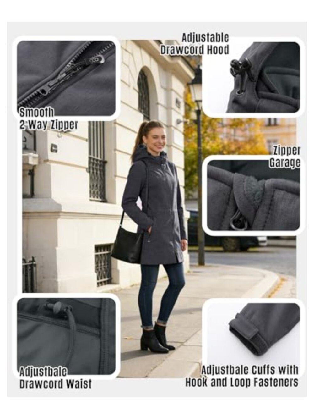 Women's Waterproof Softshell Long Rain Jacket Fleece Lined Windproof Hooded - Picture 5 of 6